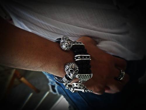 Calevera Jet Black Stingray Leather Silver Skull Bracelet For Men ...