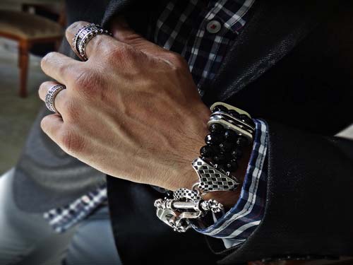 Triple Diamond Stud 925 Sterling Silver Rockstar Bracelet For Men S1CK