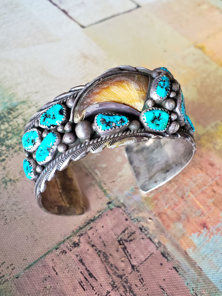 Sterling Bear Claw Turquoise Pendant with Feathers 44979